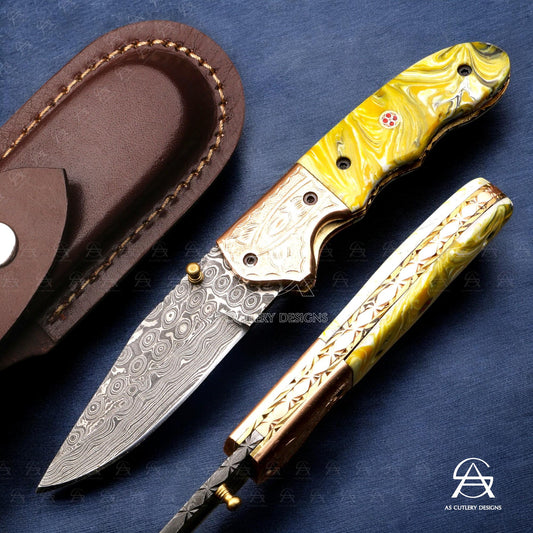 Hand-Forged Damascus Steel Folding Knife | Resin Handle, Leather Sheath