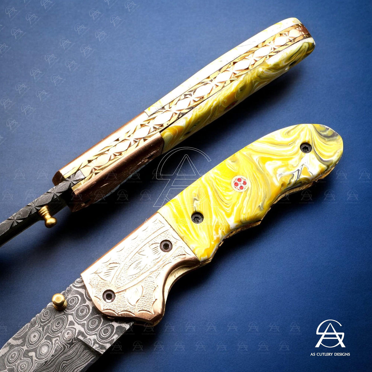 Hand-Forged Damascus Steel Folding Knife | Resin Handle, Leather Sheath