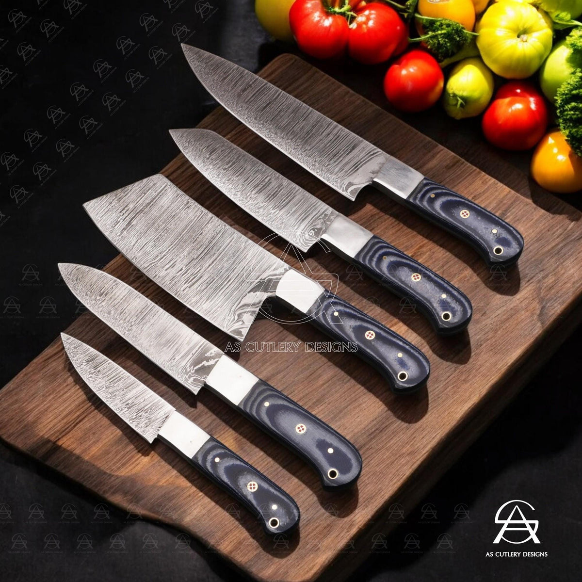 Hand-Forged Damascus Steel Chef Knife Set | G10 Micarta Handle, Leather Sheath