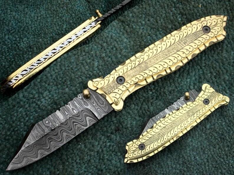 Handmade Damascus Folding Knife, Engraved Brass Handle, Leather Sheath
