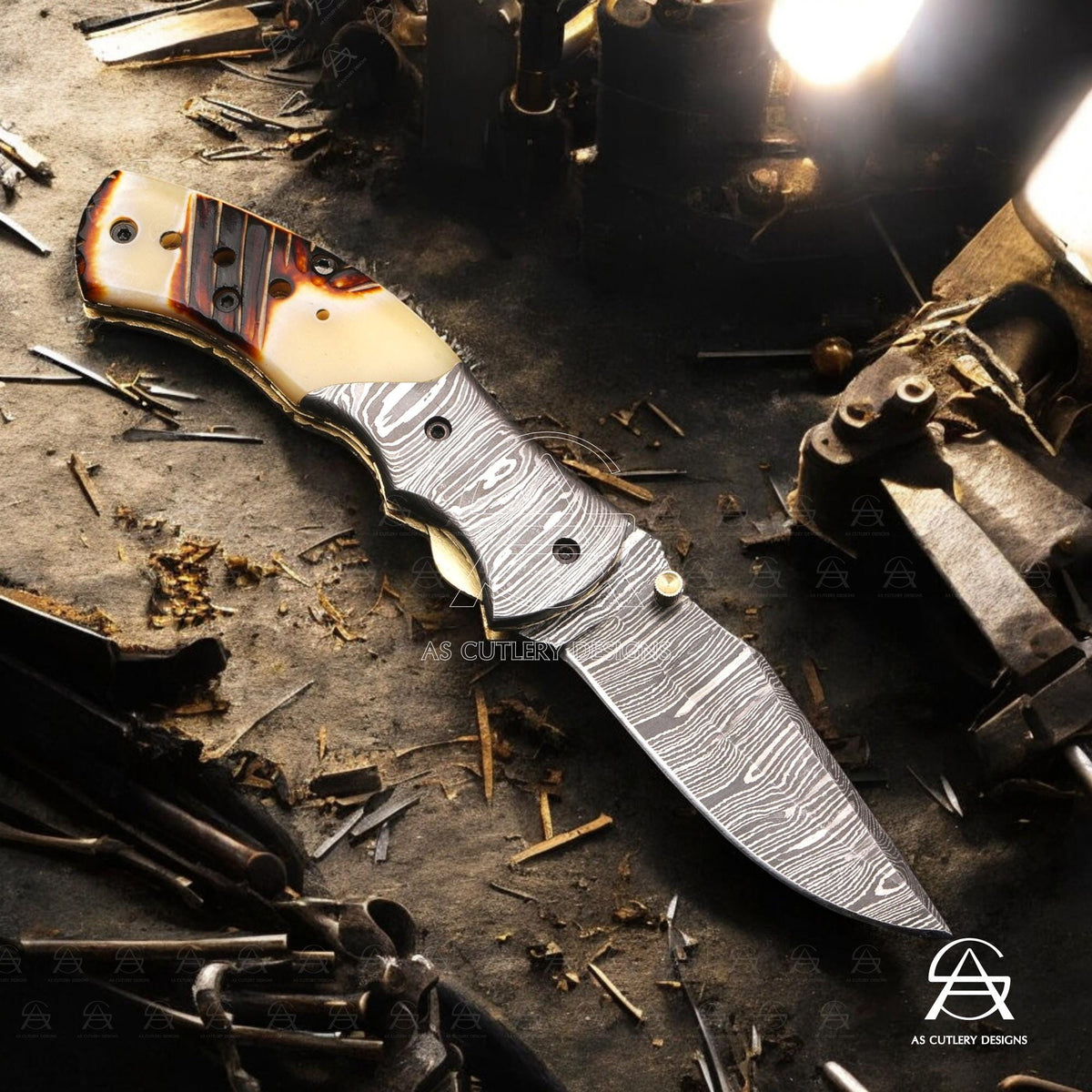 Hand Forged Damascus Steel Folding Knife, Camel Bone Handle, Leather Sheath