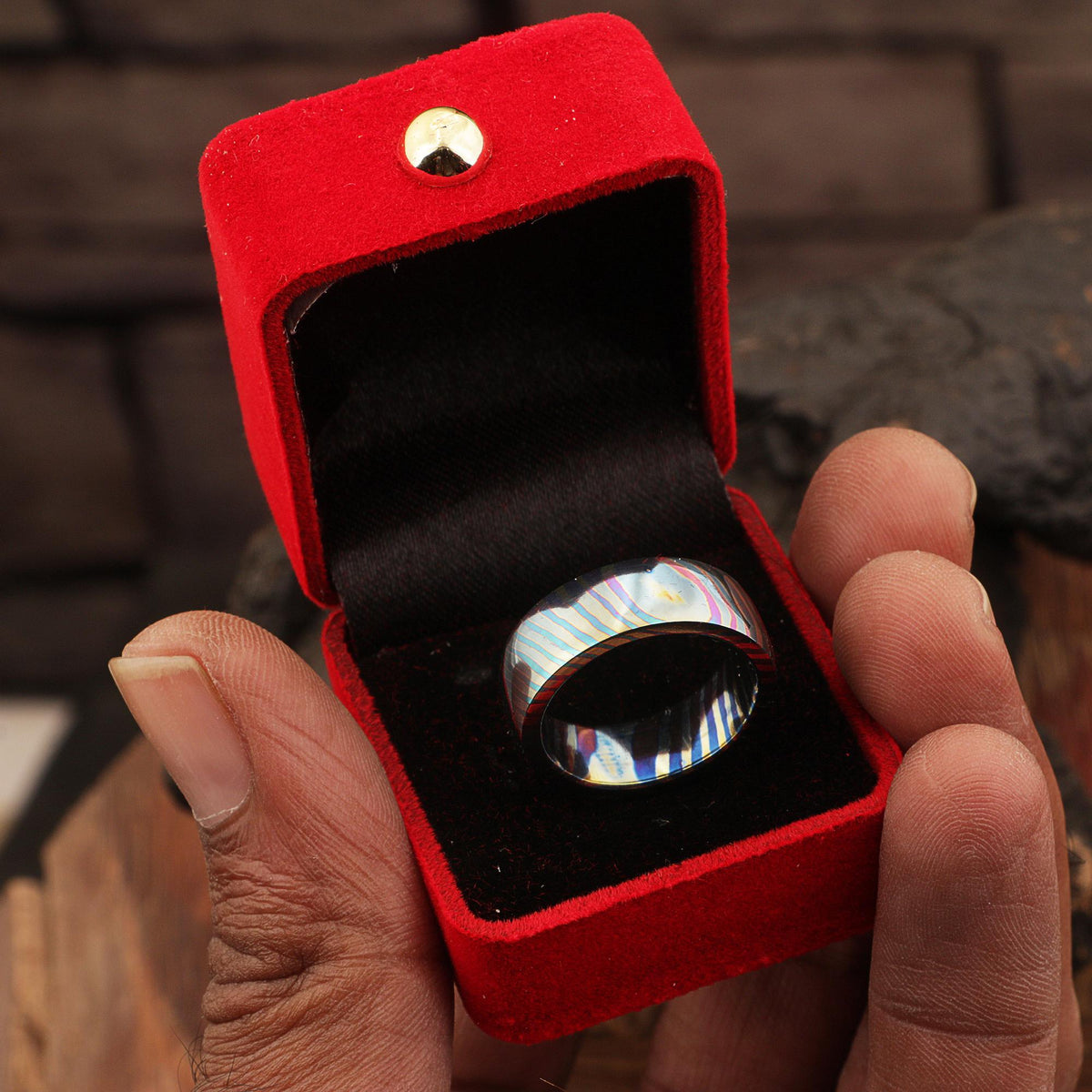 Customized Timascus Titanium Handmade Mens Engagement Ring Grooved Wedding Band