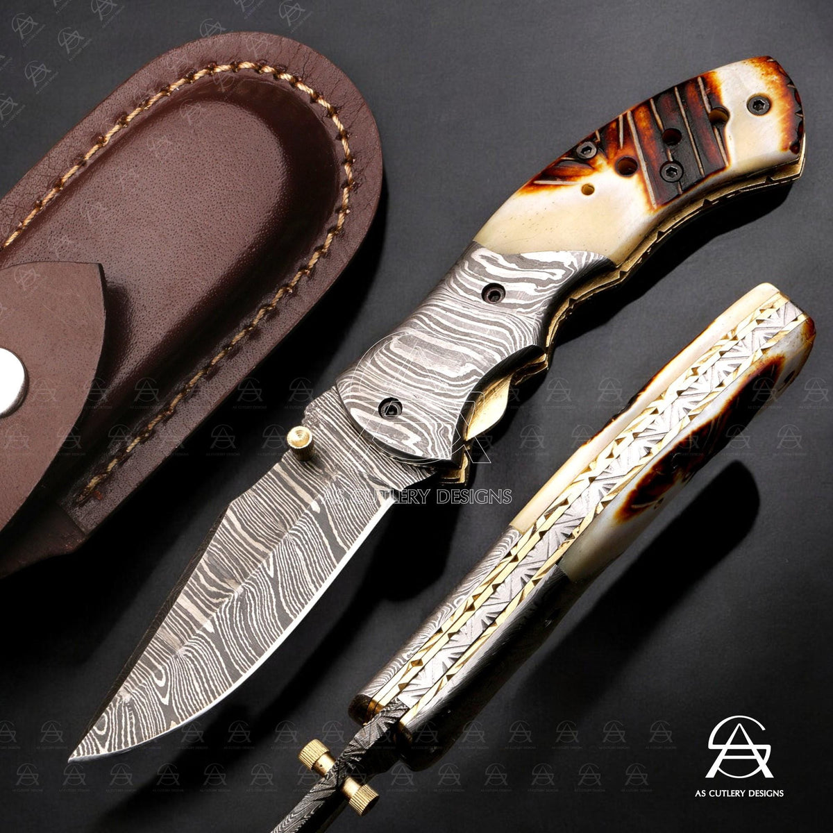 Hand Forged Damascus Steel Folding Knife, Camel Bone Handle, Leather Sheath
