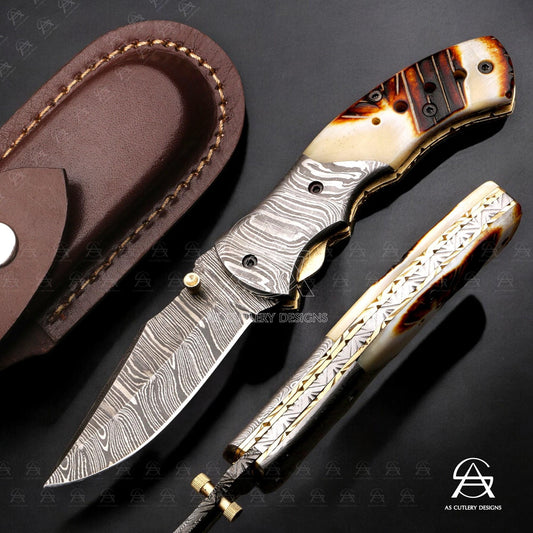 Hand Forged Damascus Steel Folding Knife, Camel Bone Handle, Leather Sheath