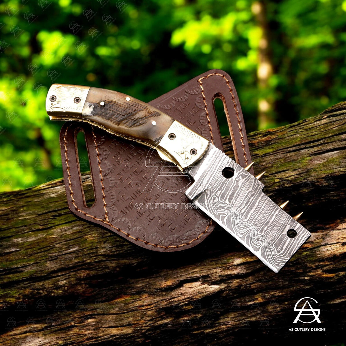 Hand-Forged Damascus Steel Folding Knife | Brass Bolster & Pommel with Hand Engravings | Lamb Horn Handle