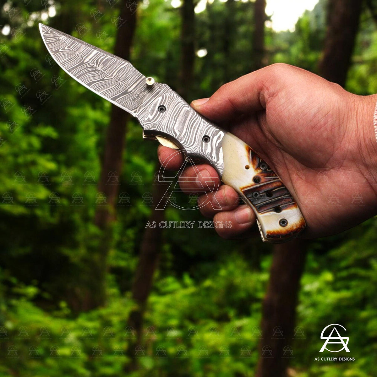 Hand Forged Damascus Steel Folding Knife, Camel Bone Handle, Leather Sheath