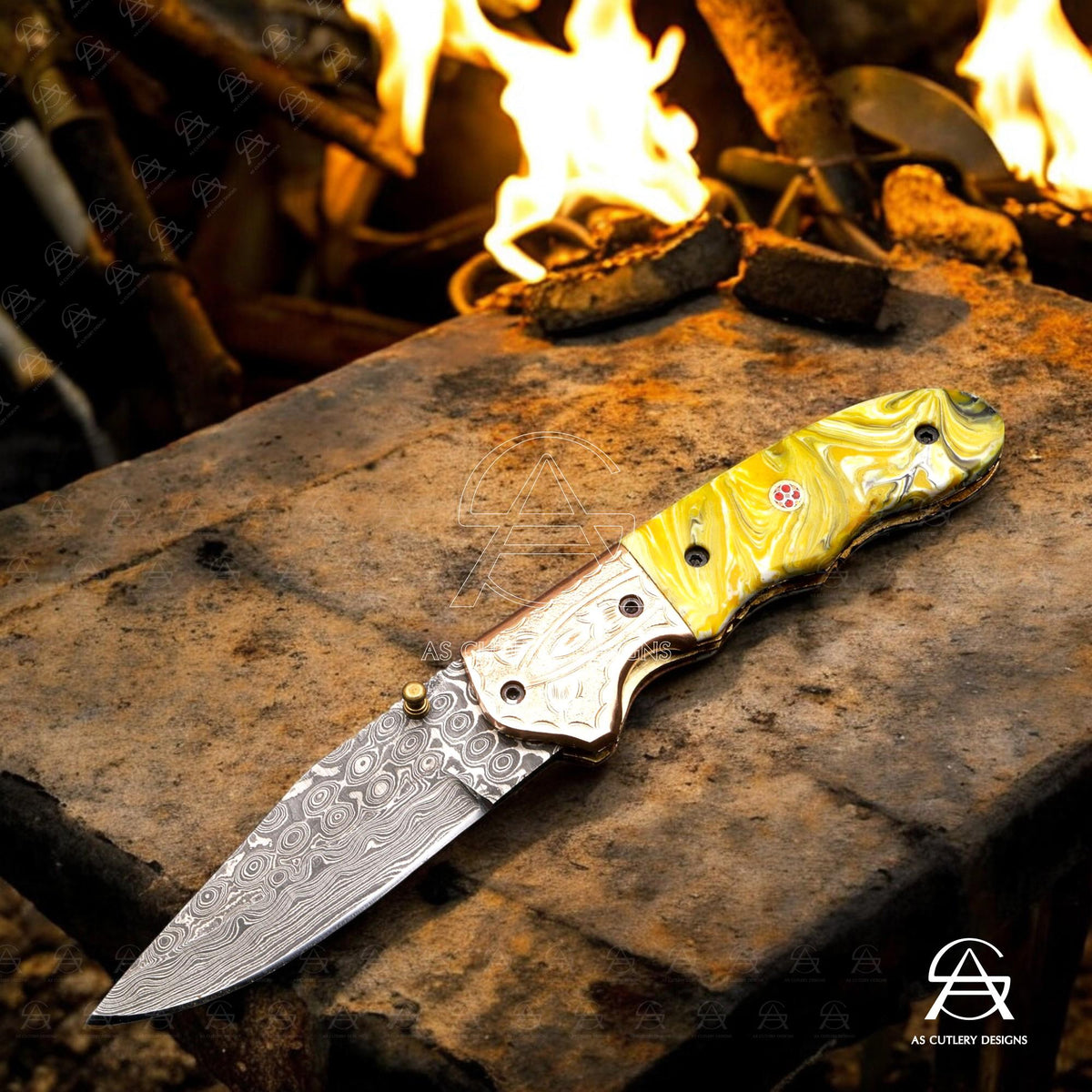 Hand-Forged Damascus Steel Folding Knife | Resin Handle, Leather Sheath