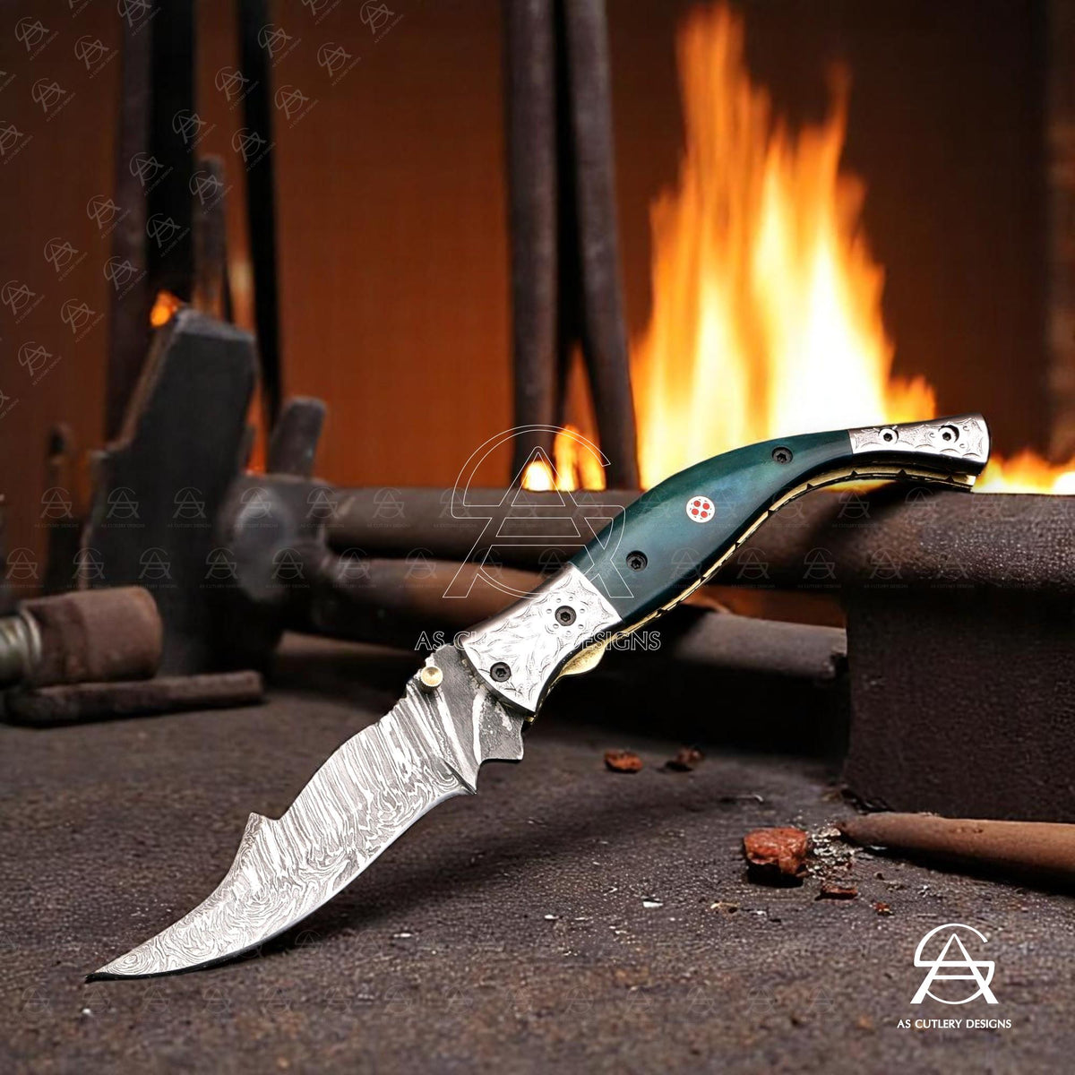 Hand-Forged Damascus Steel Folding Knife | Camel Bone Handle, Leather Sheath