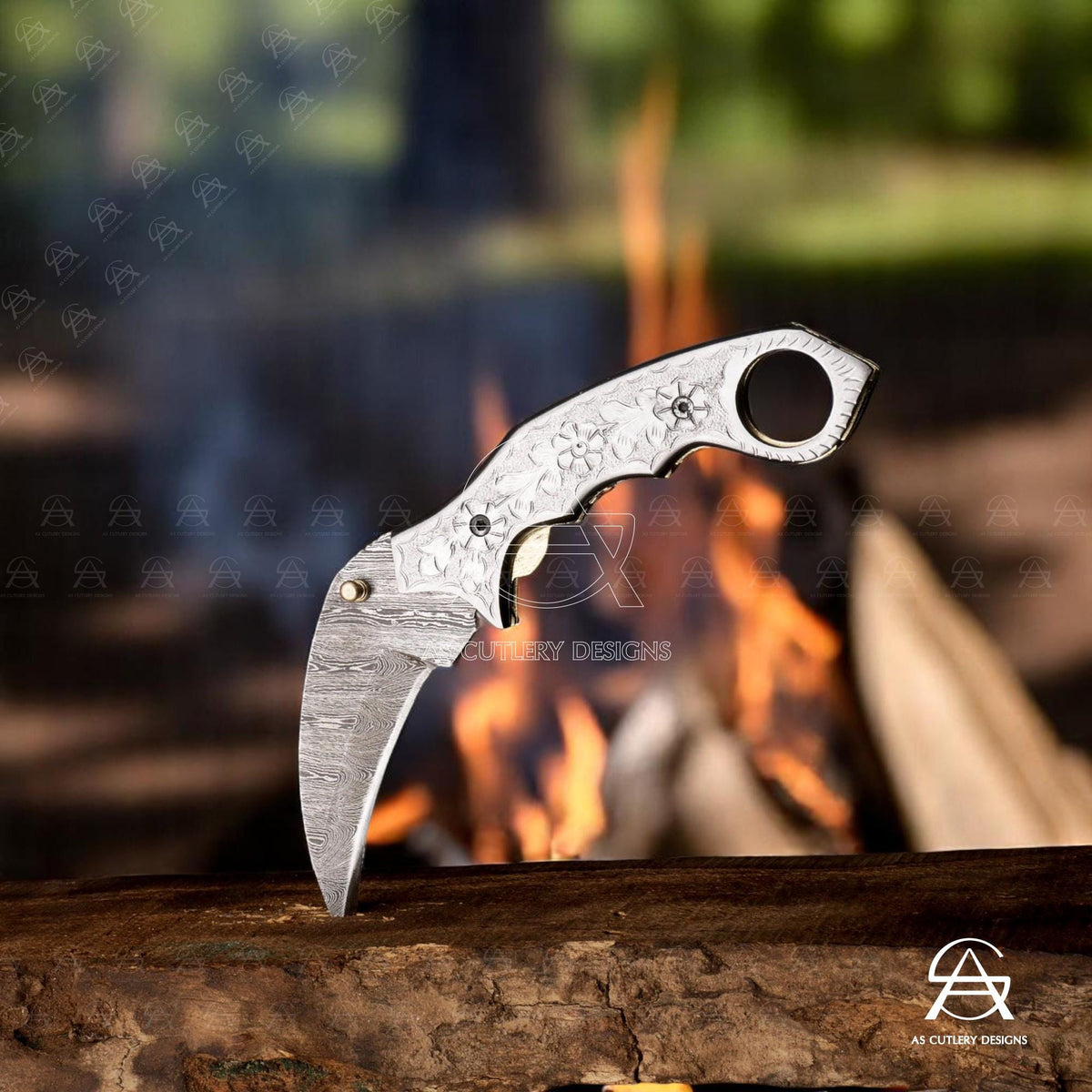 Hand-Forged Damascus Steel Karambit Knife | Engraved Handle, Leather Sheath