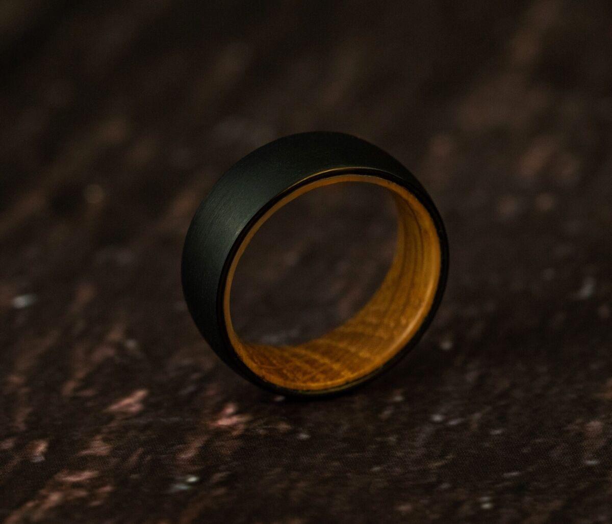 Whiskey Barrel Ring Tungsten Black Plain Wood Inside Wedding Band Ring for Men