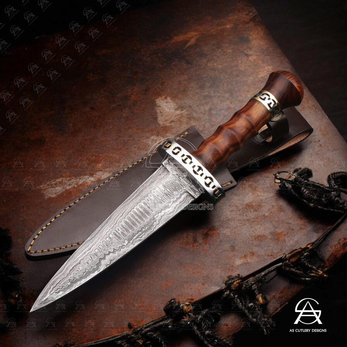 Hand-Forged Damascus Steel Dagger Knife | Rosewood Handle, Leather Sheath
