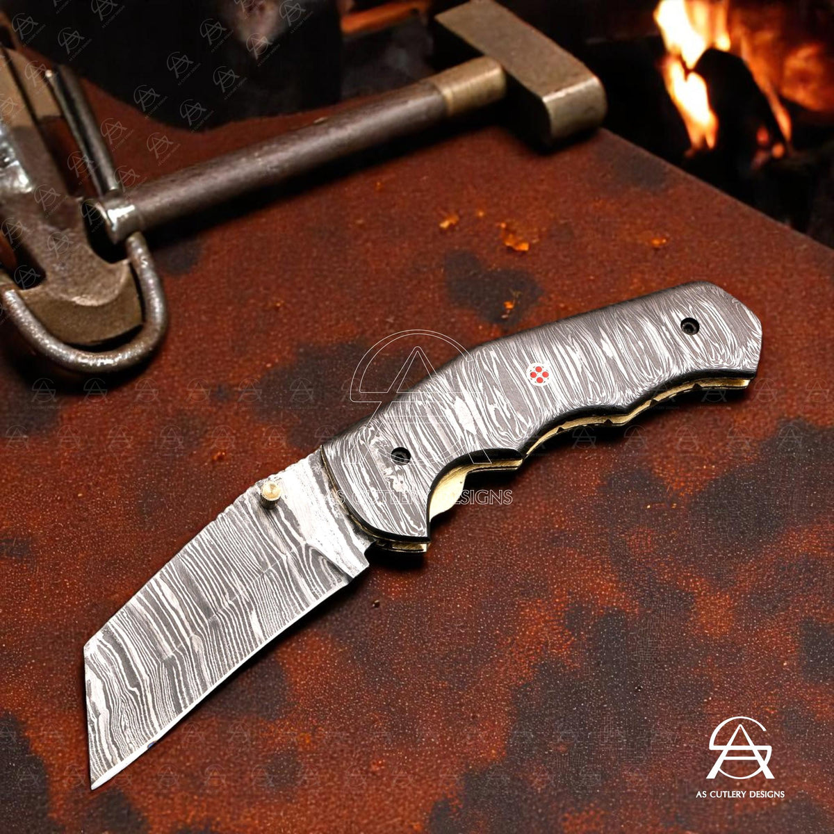 Hand-Forged Damascus Steel Folding Knife | Mosaic Pin, Leather Sheath