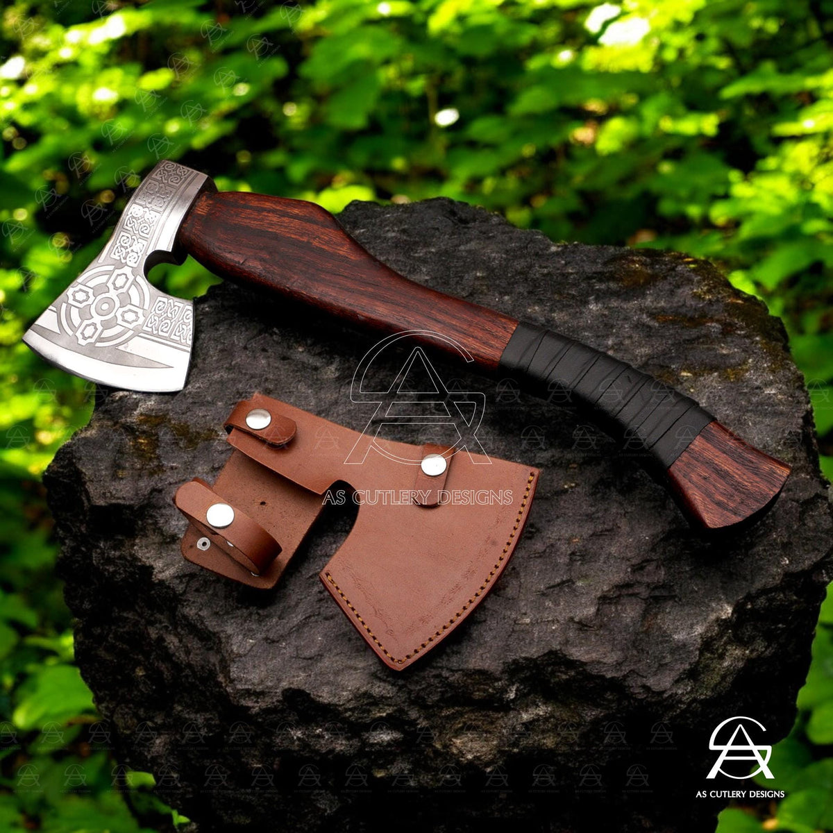 Hand-Forged Viking Axe | 17.5" High Carbon Steel | Rosewood Handle with Leather Sheath