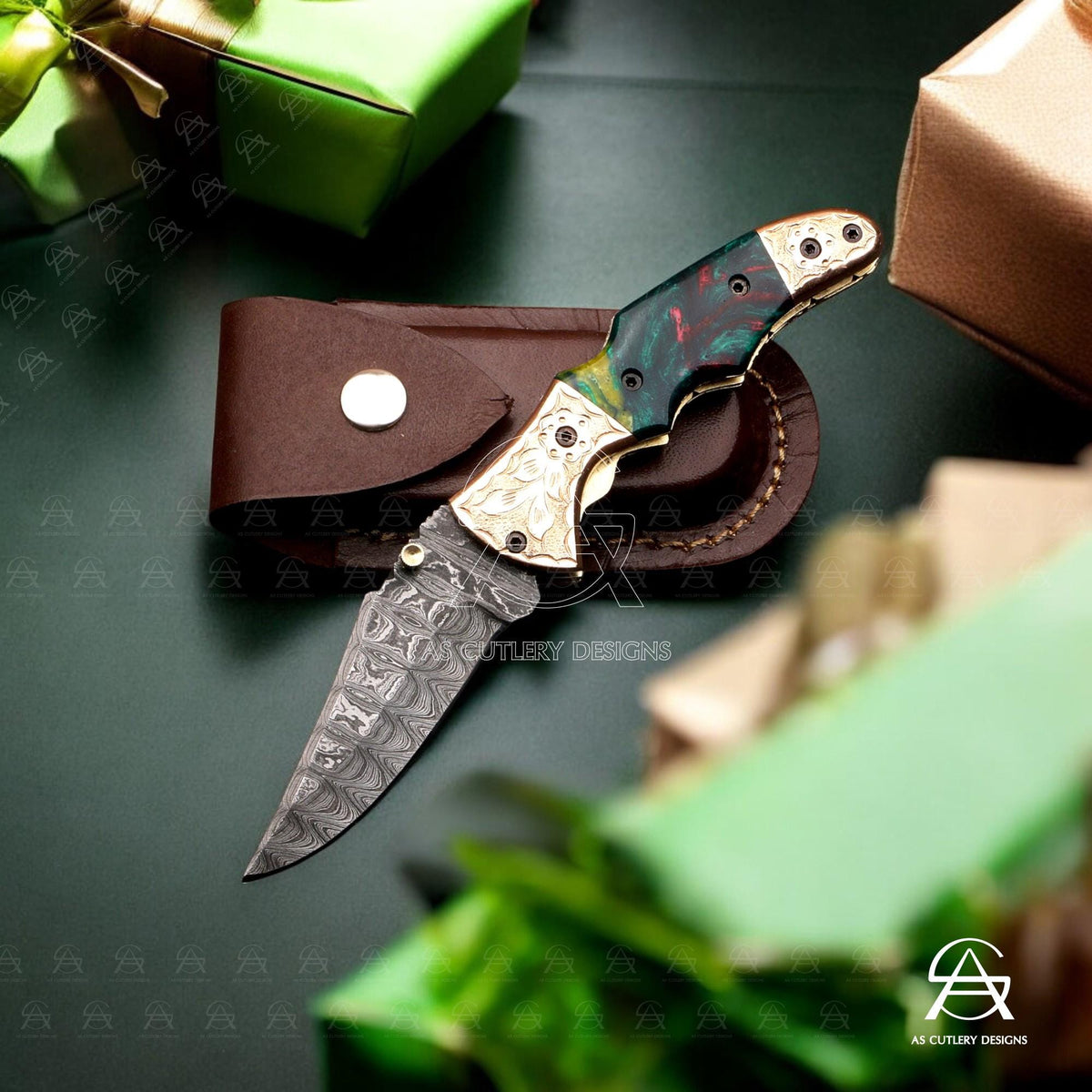 Hand Forged Damascus Steel Folding Knife  Epoxy Resin Handle with Hand-Engraved Copper Bolster Pommel