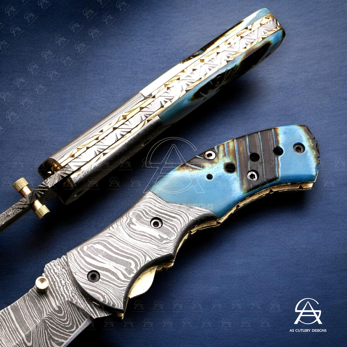 Hand-Forged Damascus Steel Folding Knife | Dyed Camel Bone Handle
