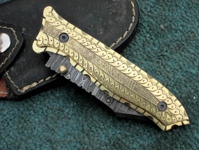 Handmade Damascus Folding Knife, Engraved Brass Handle, Leather Sheath