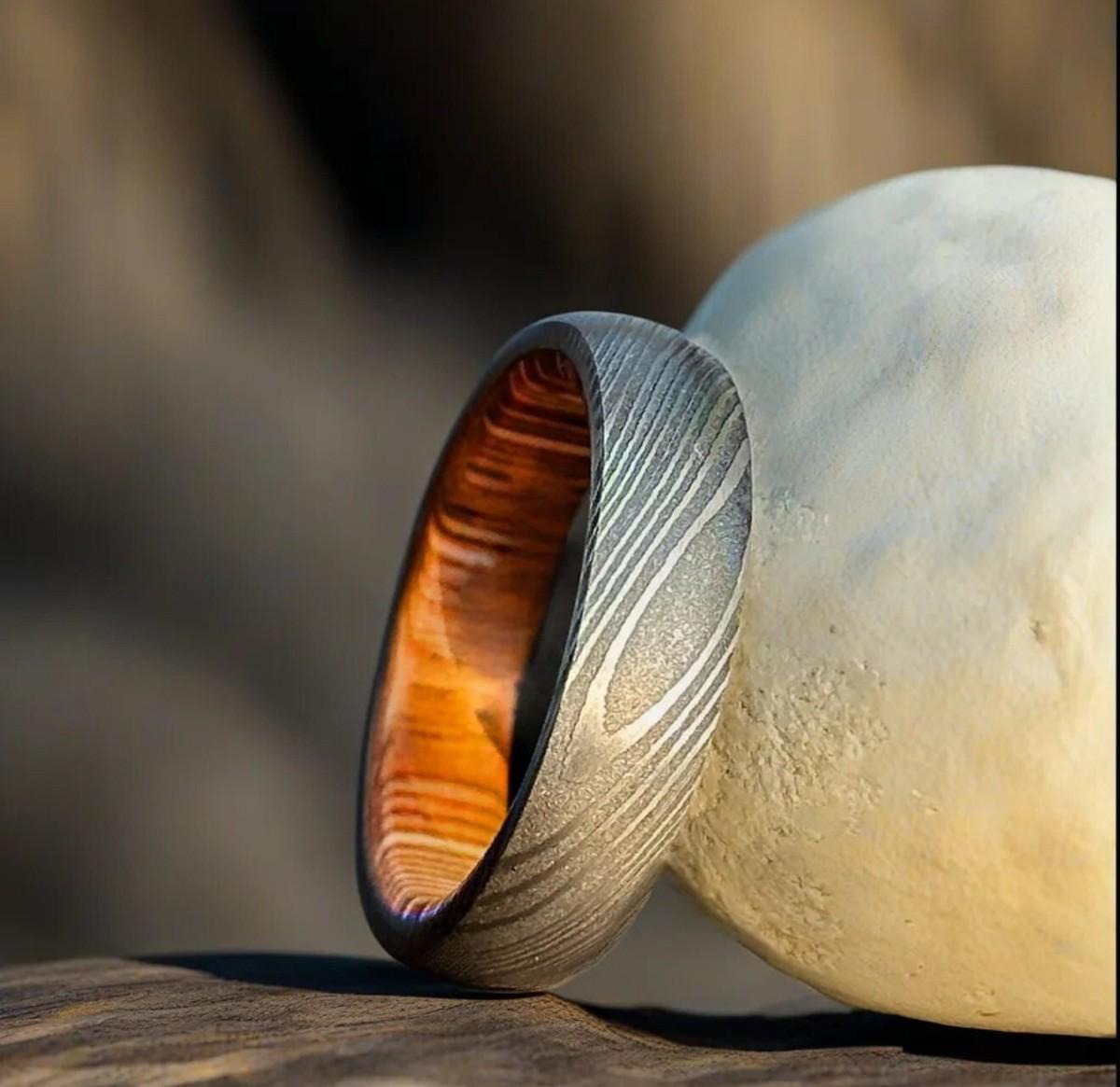 Damascus Steel & Whiskey Barrel Ring: Handmade Wedding Band