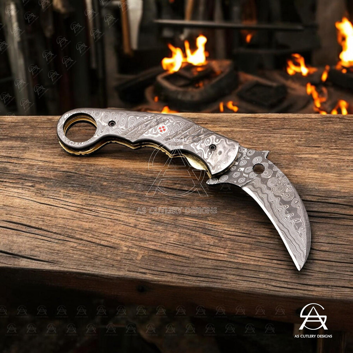 Hand-Forged Damascus Steel Karambit Folding Knife | Mosaic Pin, Leather Sheath