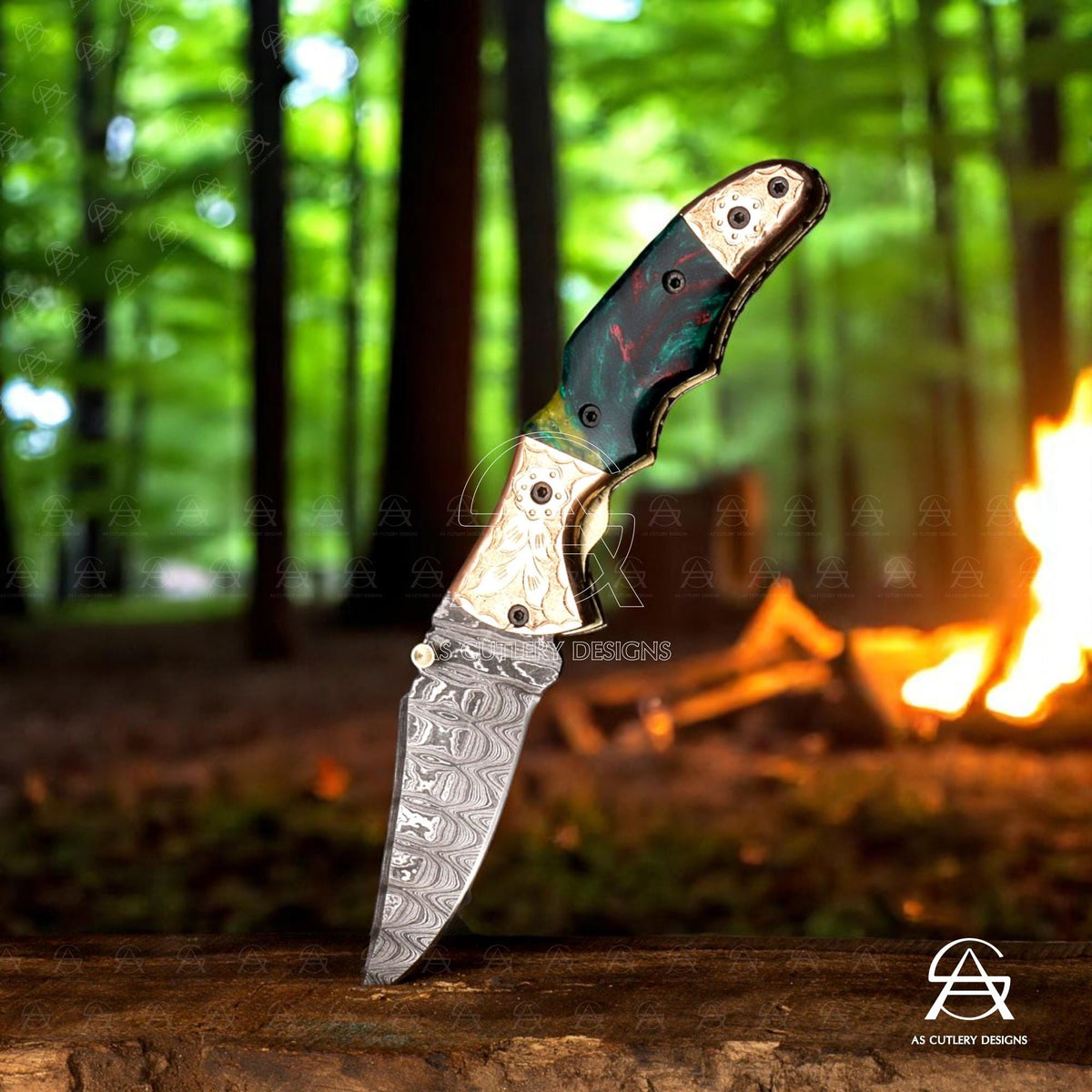 Hand Forged Damascus Steel Folding Knife  Epoxy Resin Handle with Hand-Engraved Copper Bolster Pommel