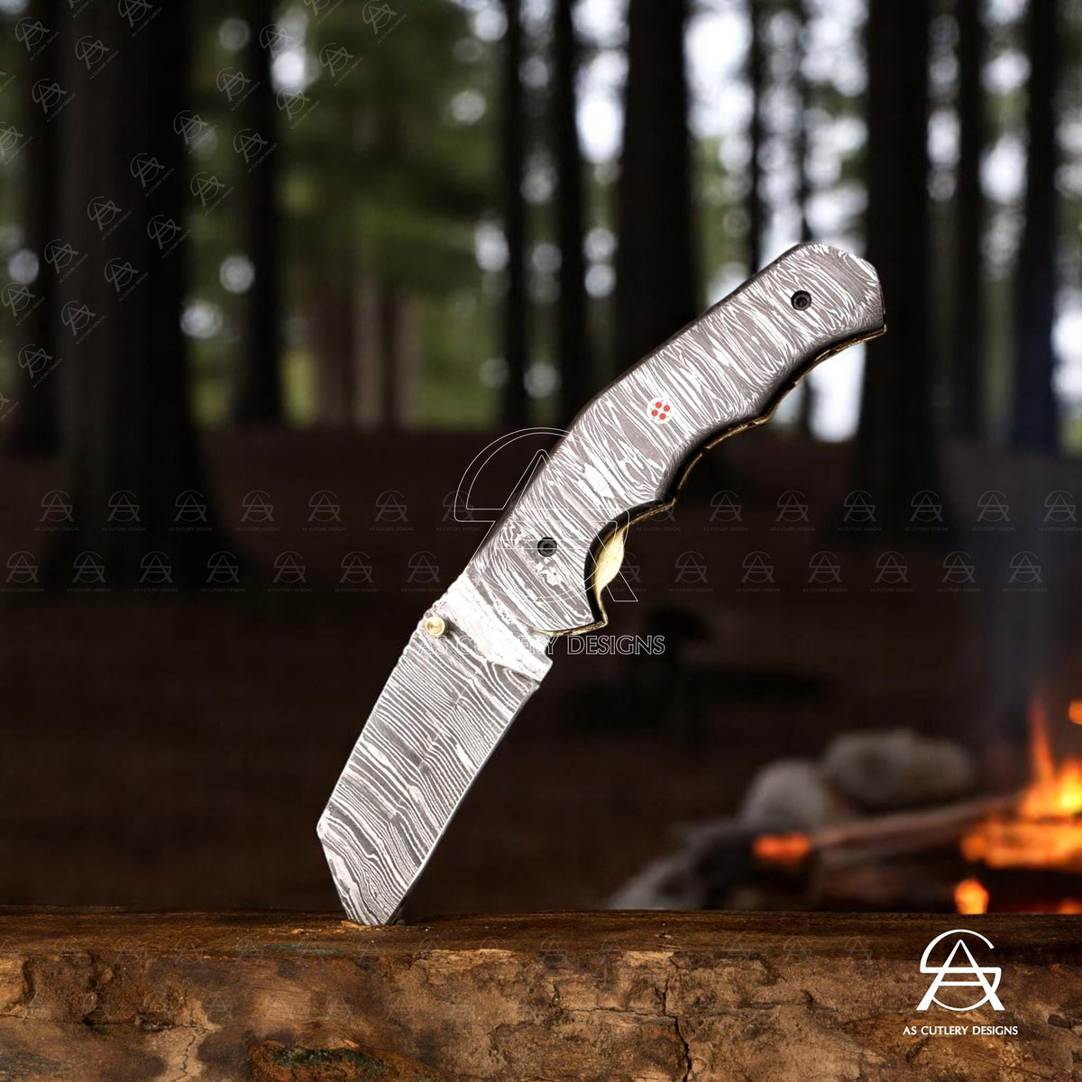 Hand-Forged Damascus Steel Folding Knife | Mosaic Pin, Leather Sheath