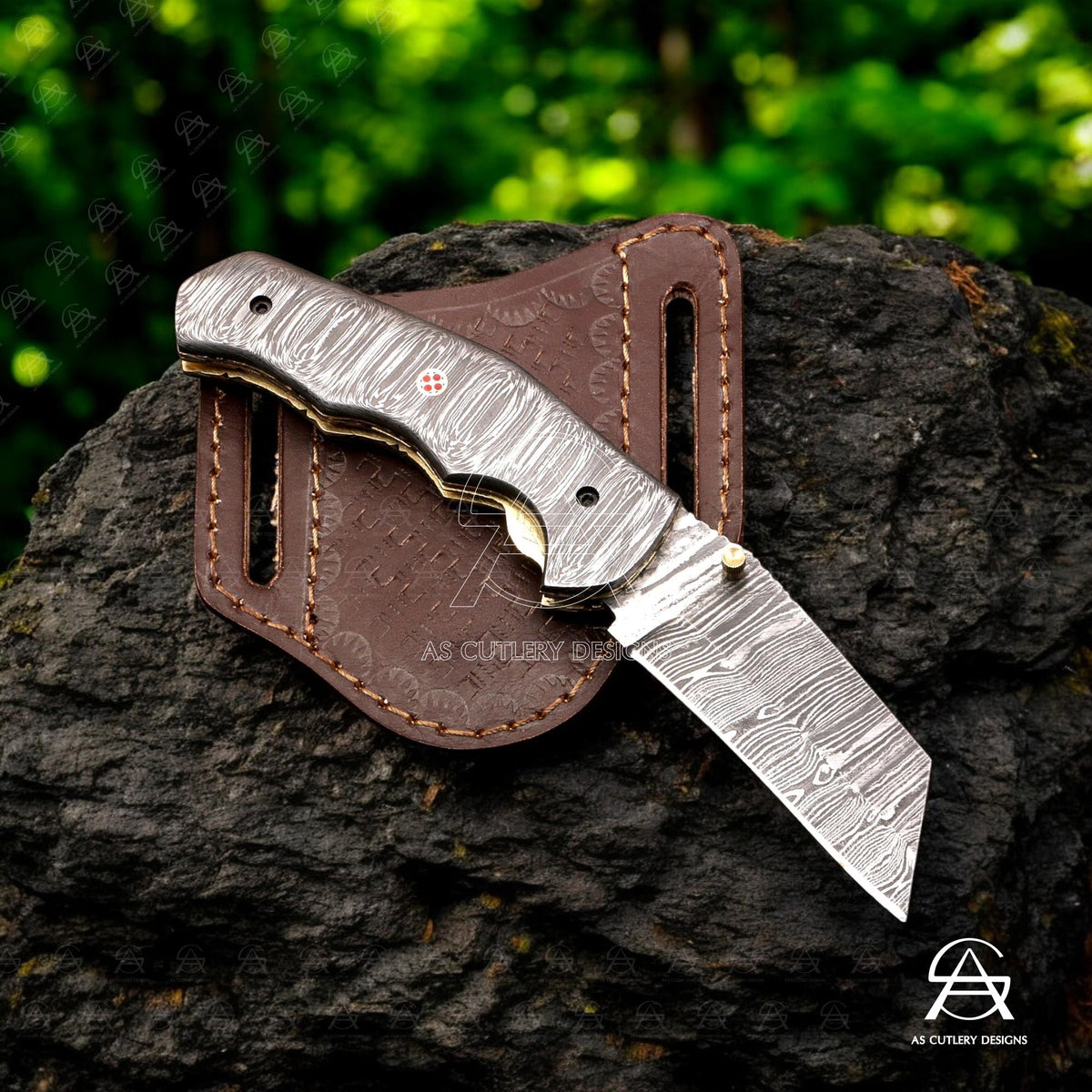 Hand-Forged Damascus Steel Folding Knife | Mosaic Pin, Leather Sheath