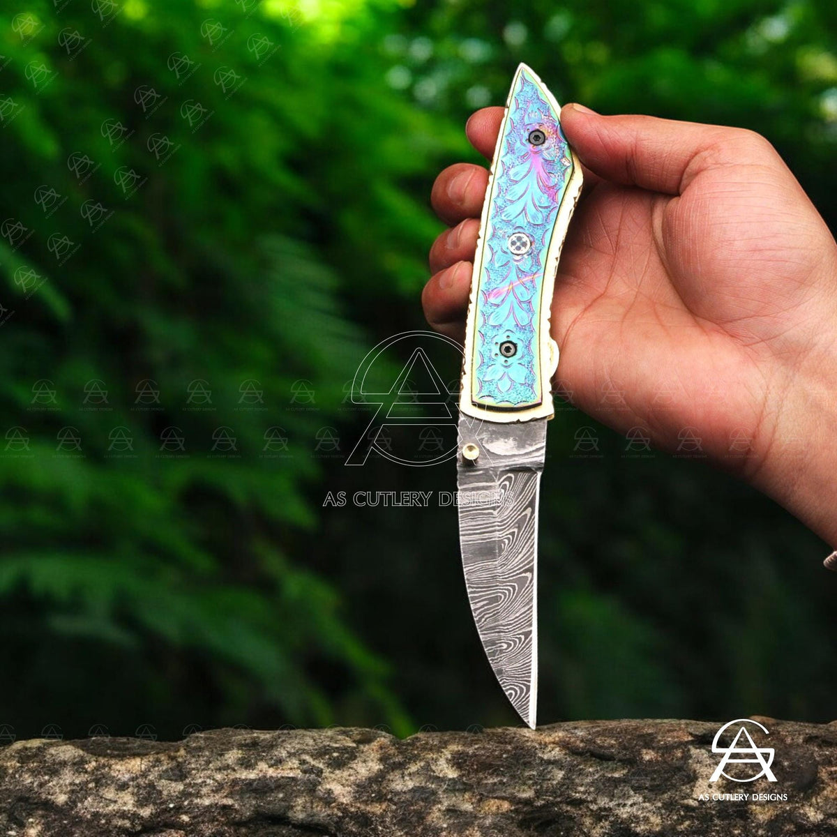 Hand Forged Damascus Steel Folding Knife  Brass Handle with Plasma Coating A Masterpiece of Craftsmanship