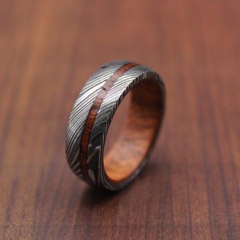Damascus Steel & Pakkawood Ring: Handmade Wood Inlay Wedding Band