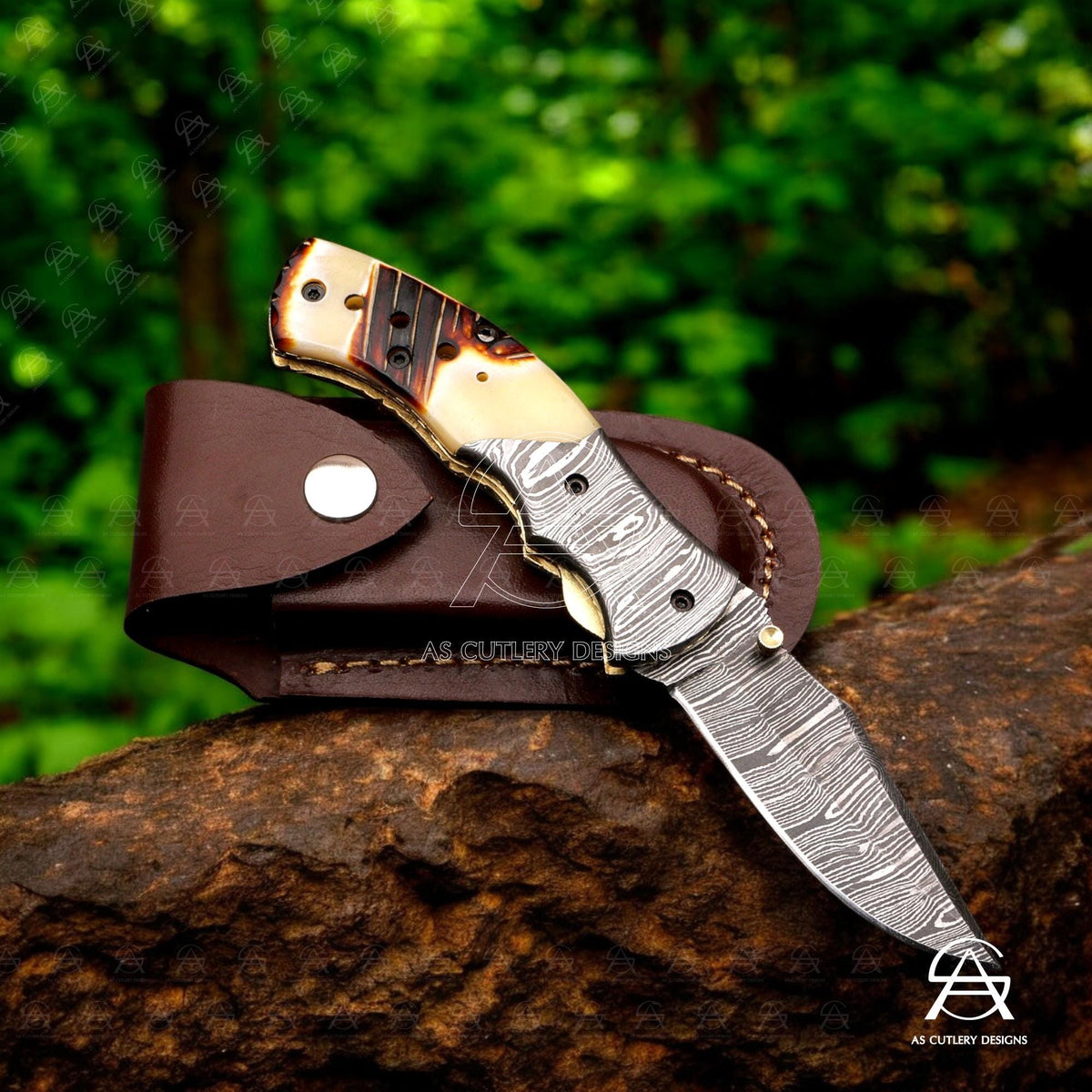 Hand Forged Damascus Steel Folding Knife, Camel Bone Handle, Leather Sheath