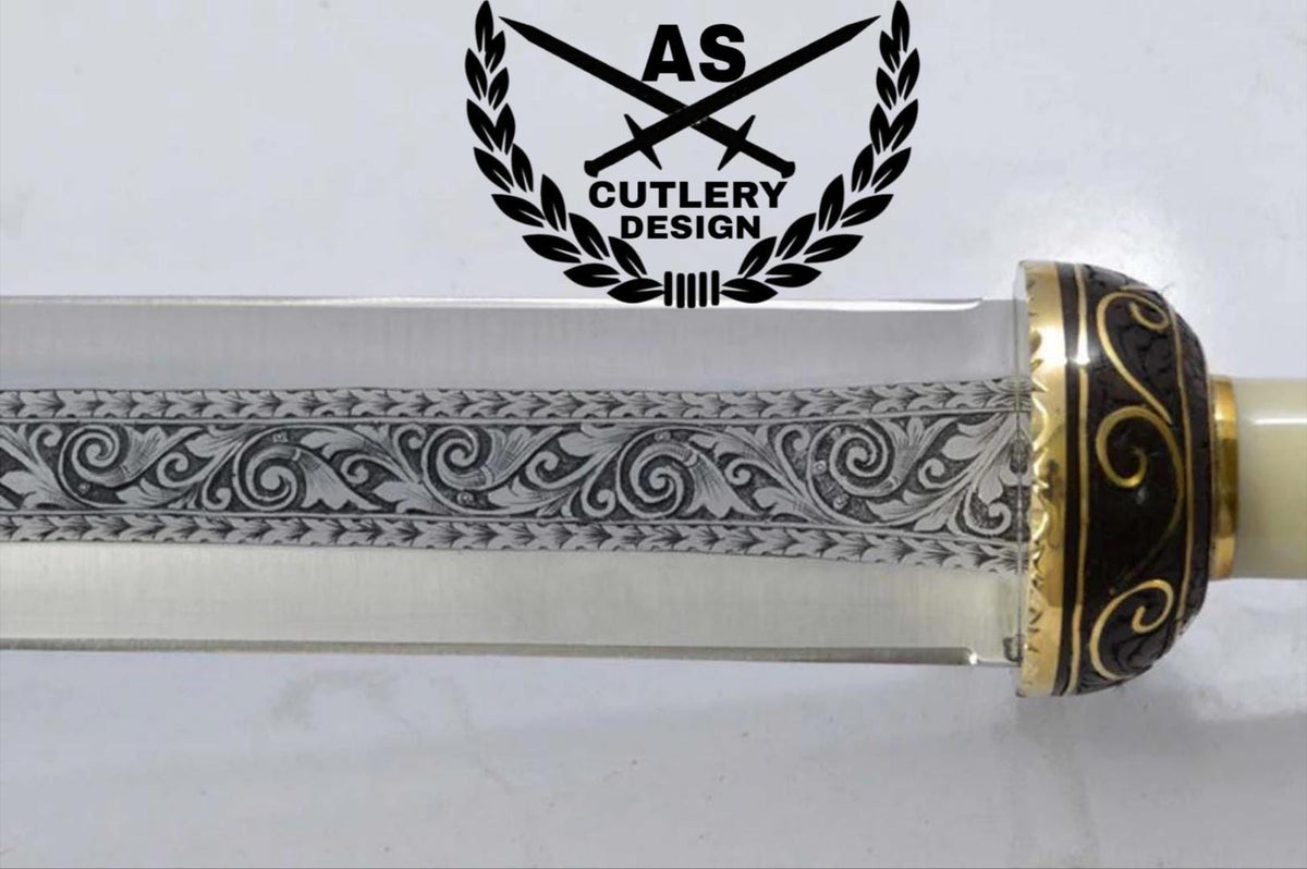 Handmade Engraved Gladius Sword: D2 Steel Blade, Rosewood & Camel Bone Handle