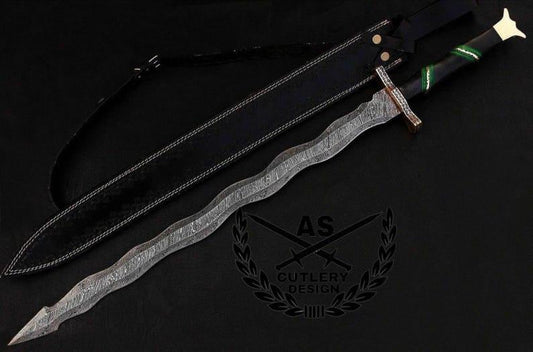 Custom handmade damascus steel sword 30” with leather sheath