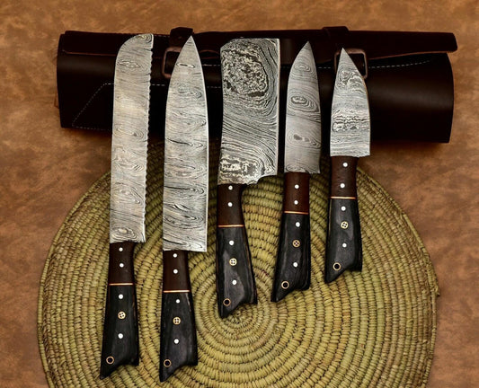 Custom Handmade Damascus Steel 5Pc Knife Set | Forged Chef Knives with Leather Case