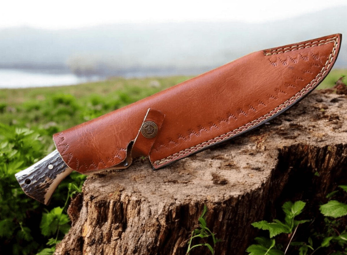 Hand-Forged Damascus Steel Hunting Knife | Stag Handle Bowie Knife | Leather Sheath | Handmade Fixed Blade Outdoor Knife 8.5”