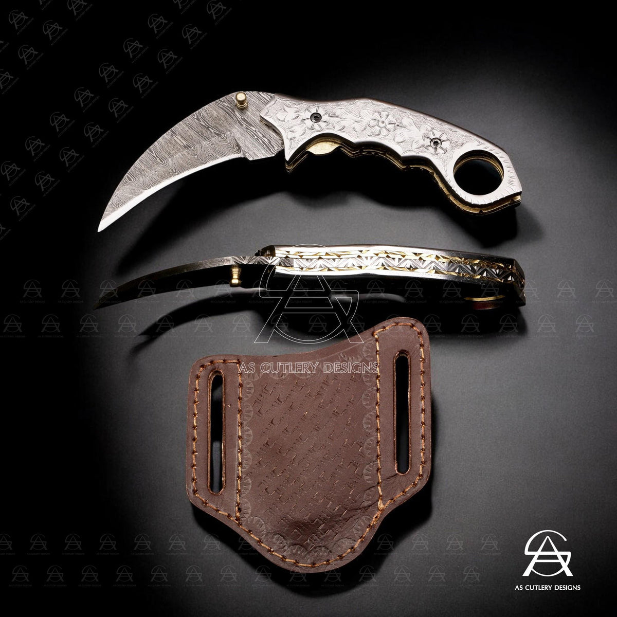 Hand-Forged Damascus Steel Karambit Knife | Engraved Handle, Leather Sheath