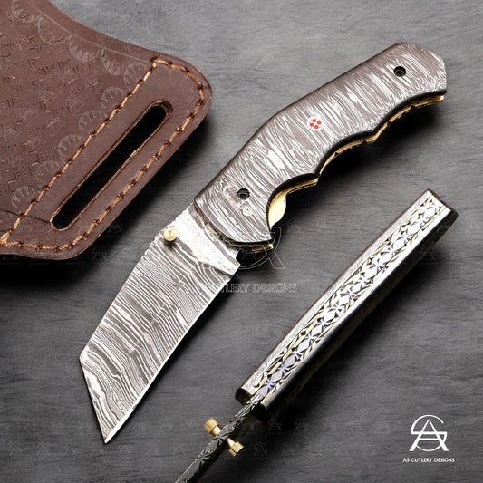 Hand-Forged Damascus Steel Folding Knife | Mosaic Pin, Leather Sheath