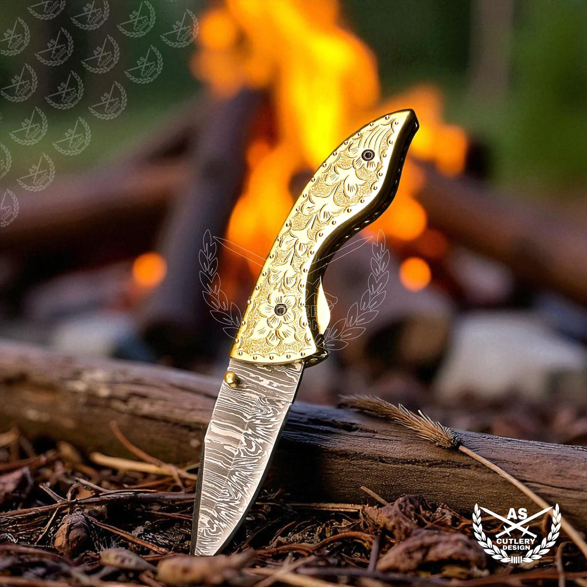 Custom handmade damascus pocket knife with engraved copper handle