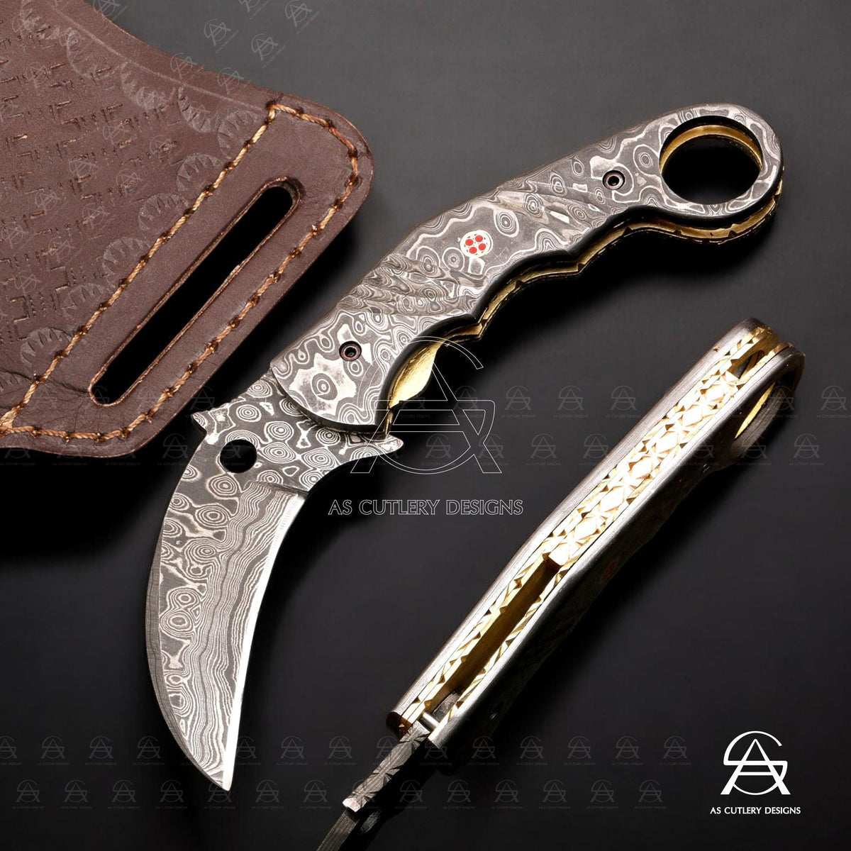 Hand-Forged Damascus Steel Karambit Folding Knife | Mosaic Pin, Leather Sheath