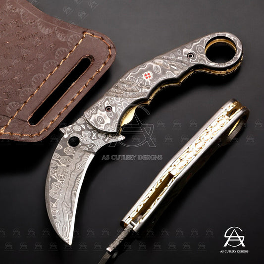 Hand-Forged Damascus Steel Karambit Folding Knife | Mosaic Pin, Leather Sheath