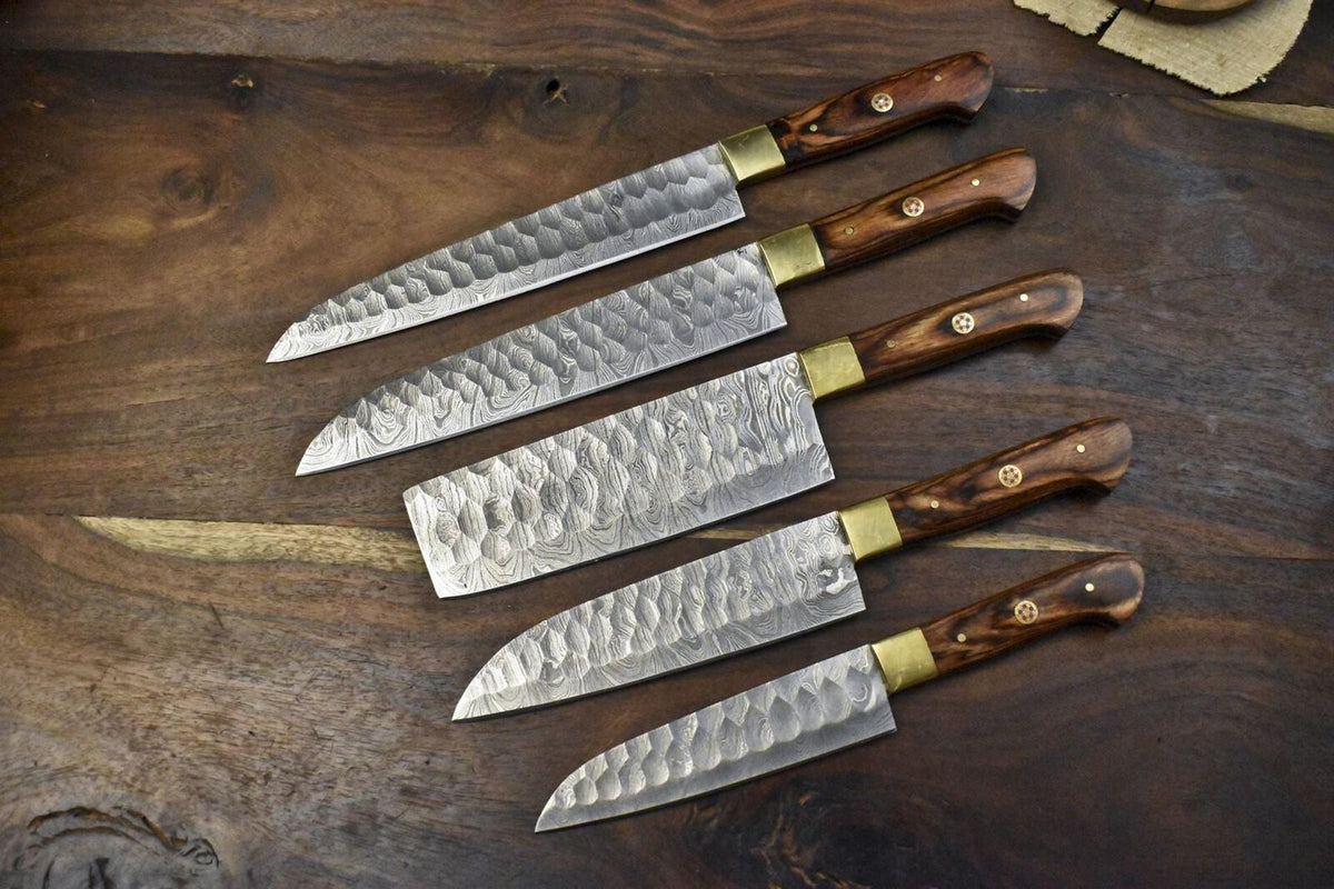 Custom Handmade Damascus Steel Kitchen Knife Set | Professional 5pcs Chef Cutlery