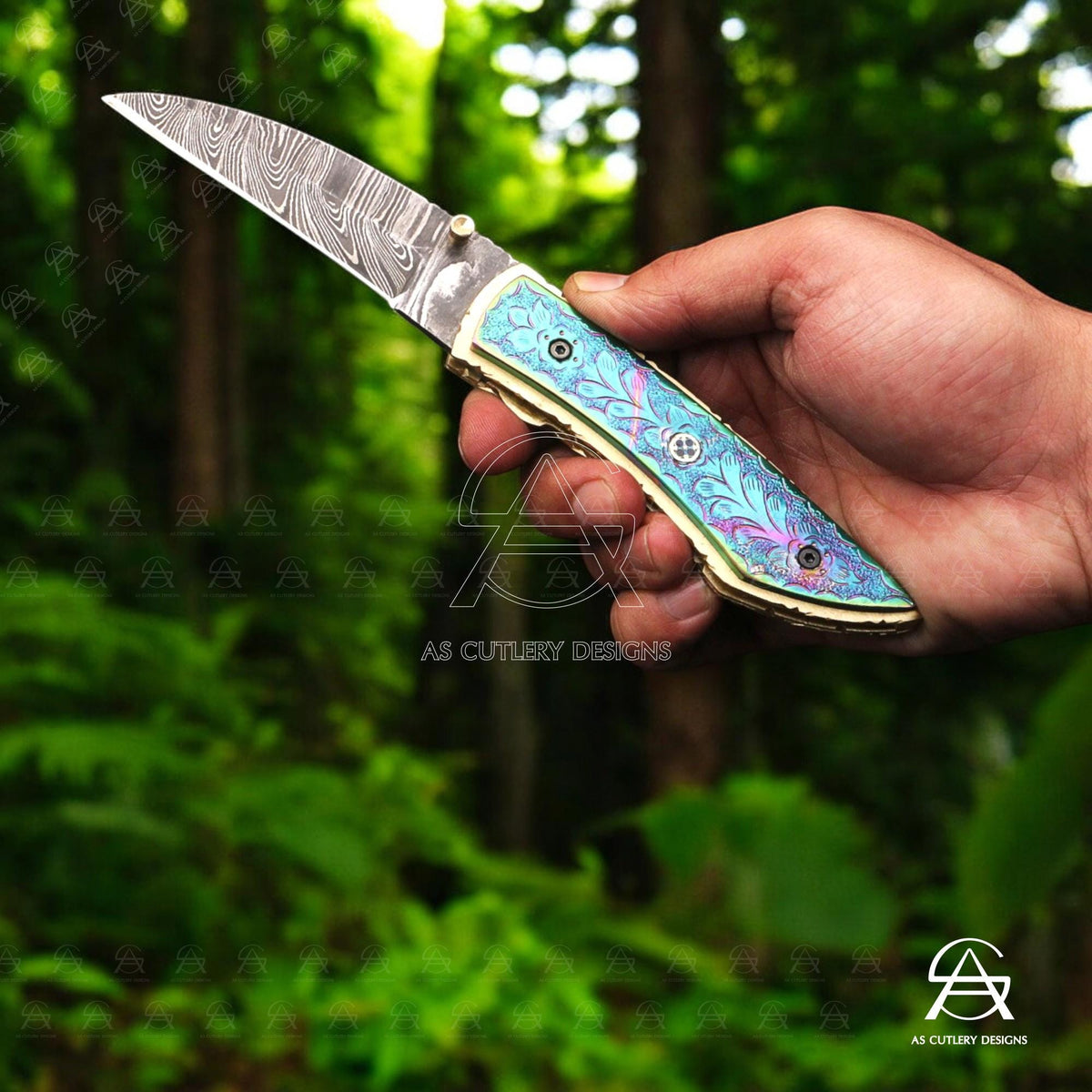 Hand Forged Damascus Steel Folding Knife  Brass Handle with Plasma Coating A Masterpiece of Craftsmanship
