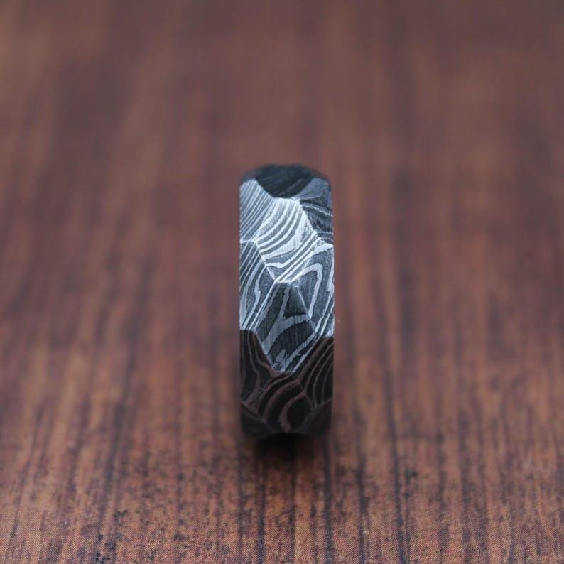 Damascus Whiskey Barrel Hammered Ring, Mens Damascus Steel Wood Wedding Band