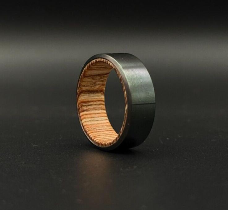 Black Zirconium with Whiskey Barrel wood inlay Handmade Wedding Ring gift ring