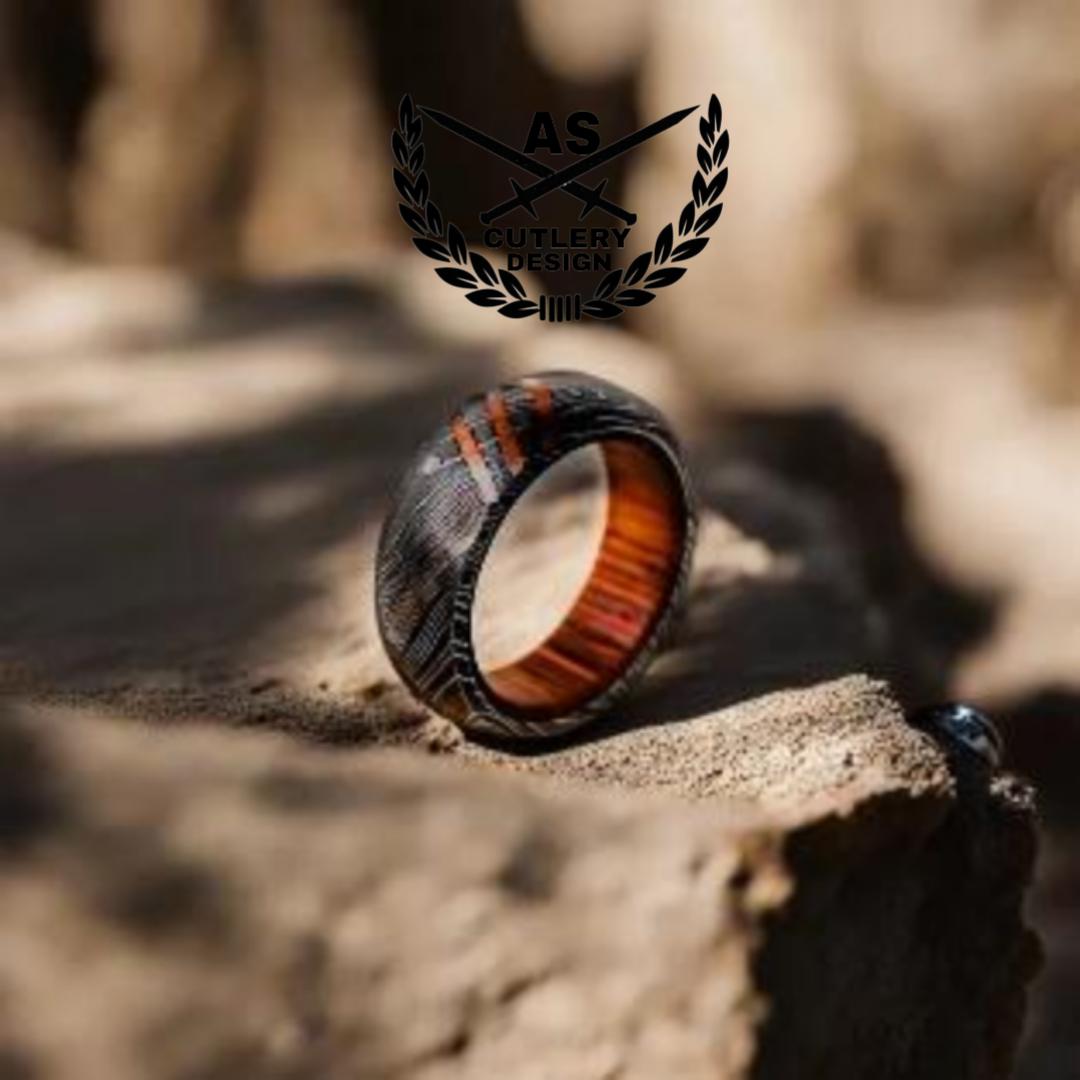 Titan damascus steel wedding ring band with wood Inlay