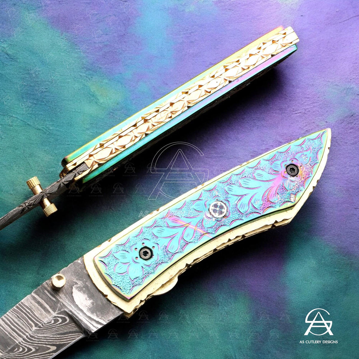 Hand Forged Damascus Steel Folding Knife  Brass Handle with Plasma Coating A Masterpiece of Craftsmanship