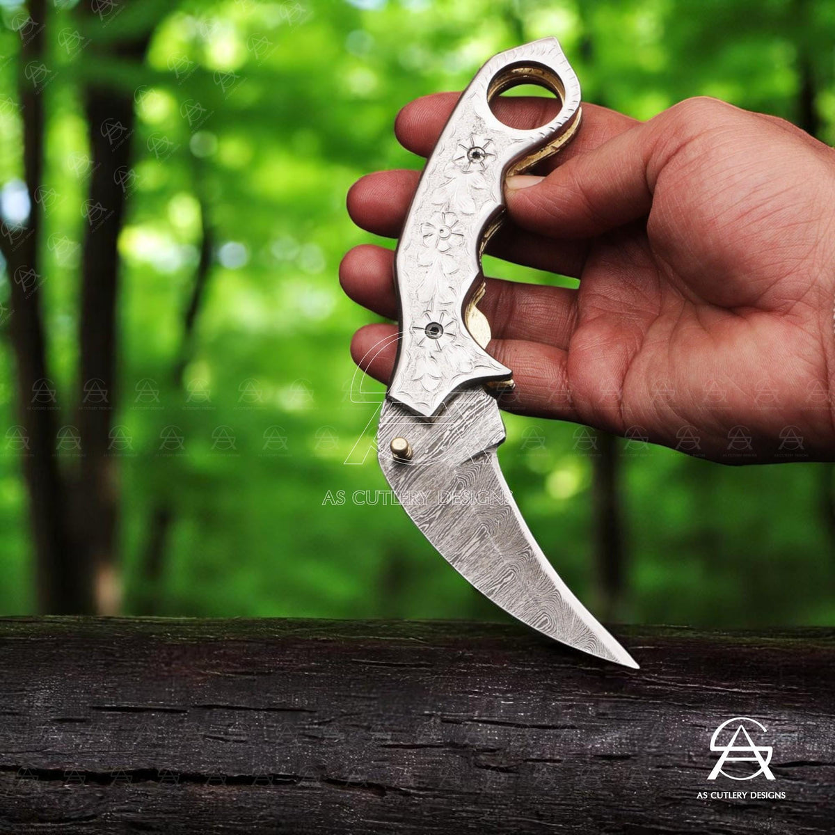 Hand-Forged Damascus Steel Karambit Knife | Engraved Handle, Leather Sheath