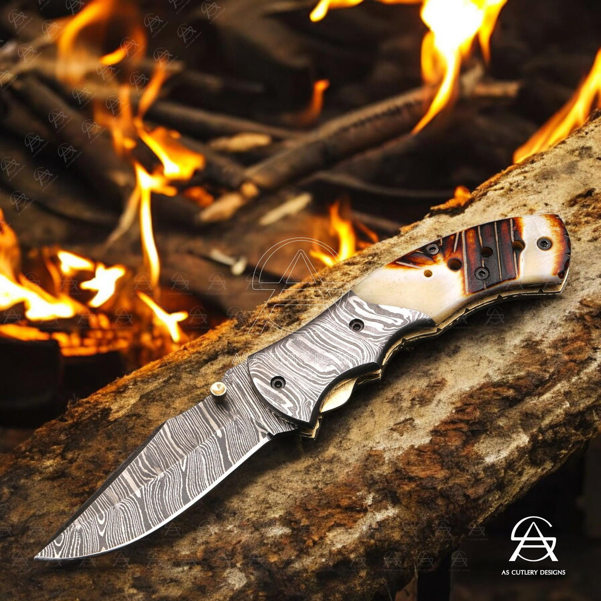 Hand Forged Damascus Steel Folding Knife, Camel Bone Handle, Leather Sheath
