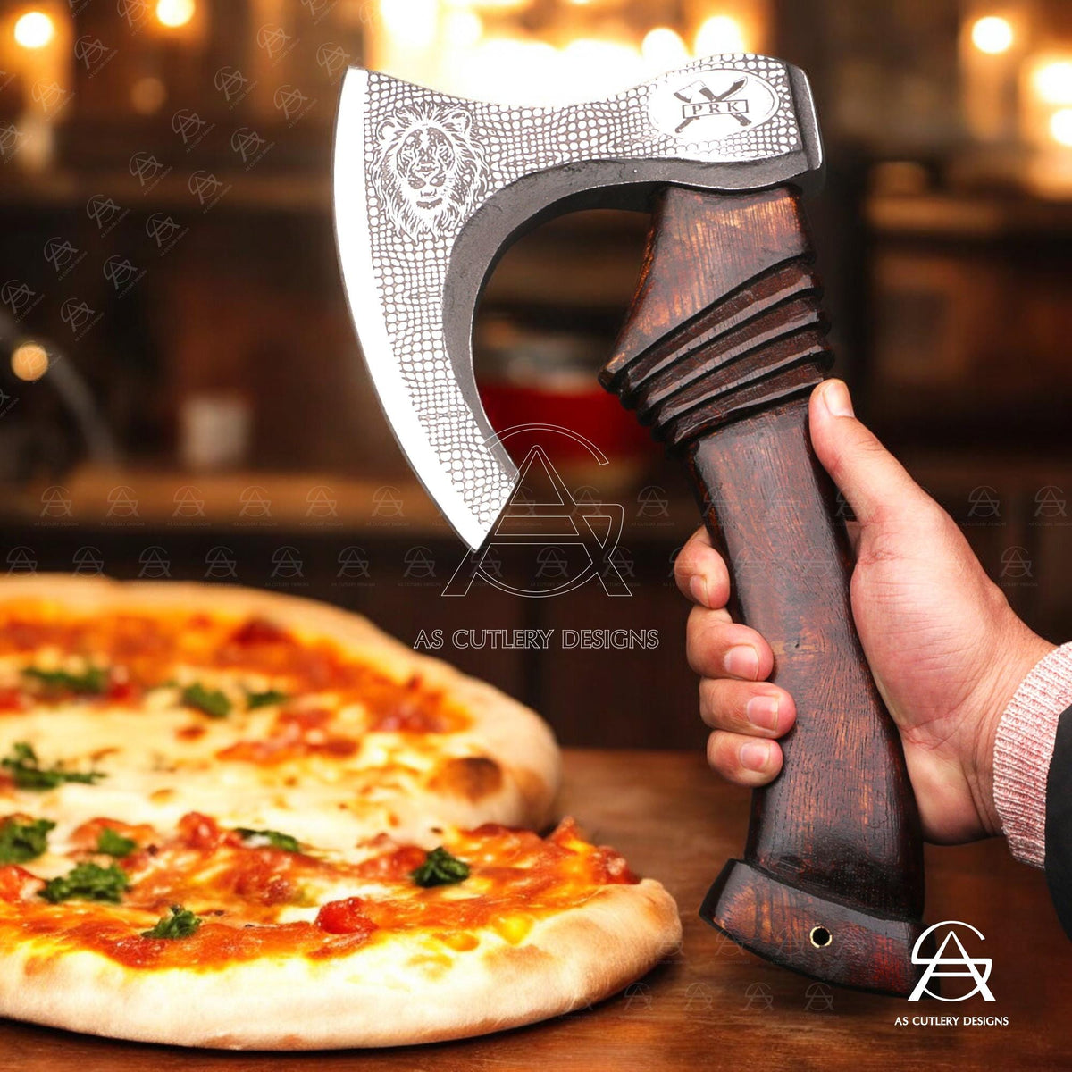 Hand-Forged Pizza Axe | 12" High Carbon Steel Blade | Carved Rosewood Handle with Leather Sheath