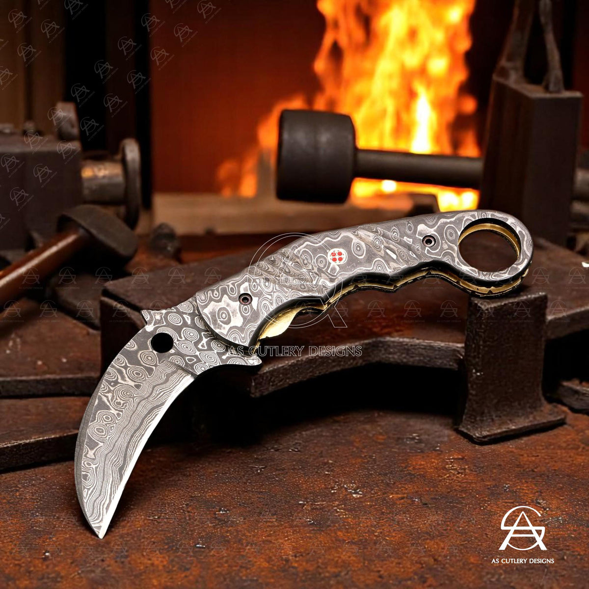 Hand-Forged Damascus Steel Karambit Folding Knife | Mosaic Pin, Leather Sheath