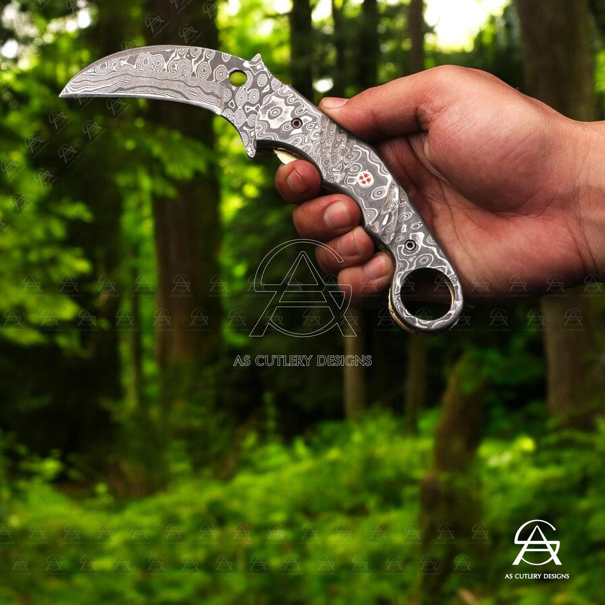 Hand-Forged Damascus Steel Karambit Folding Knife | Mosaic Pin, Leather Sheath