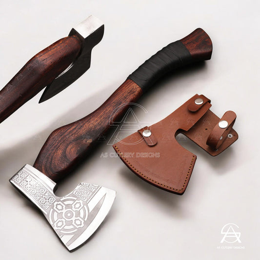 Hand-Forged Viking Axe | 17.5" High Carbon Steel | Rosewood Handle with Leather Sheath