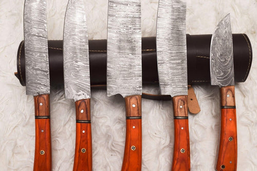 5 Pcs Custom Handmade Damascus Steel Chef Knife Set | Wood Handle | Professional Kitchen Knives